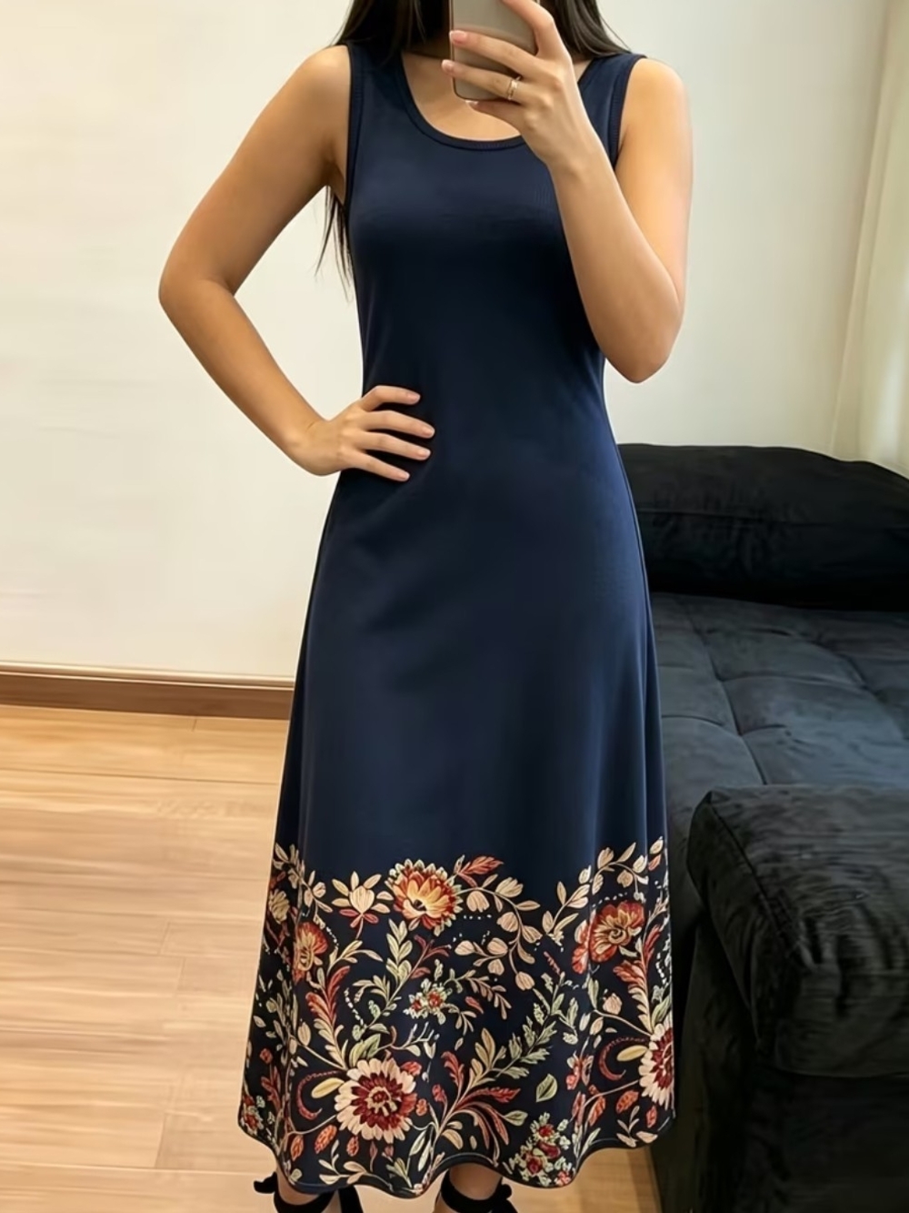 Women's Navy Sleeveless Floral Hem Maxi Dress
